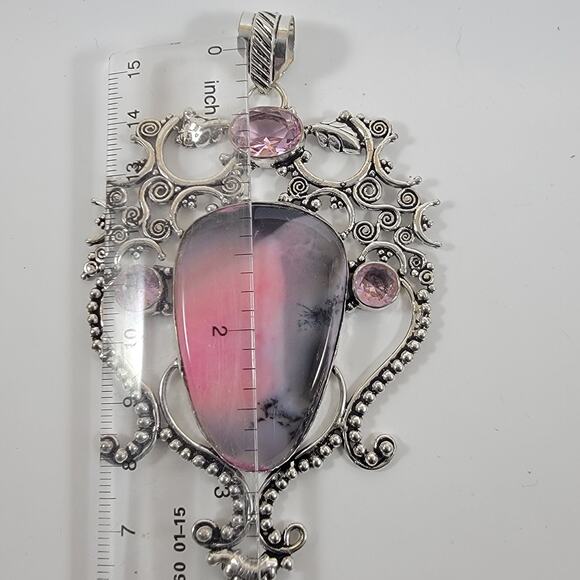 Handmade Silver Pendant – Rhodonite & Rose Quartz + 20" Silver Snake Chain - Picture 3 of 10